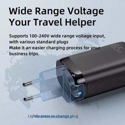 65W GaN 3 porte USB Type-c Travel Adapter per la ricarica ad alta velocità di più dispositivi